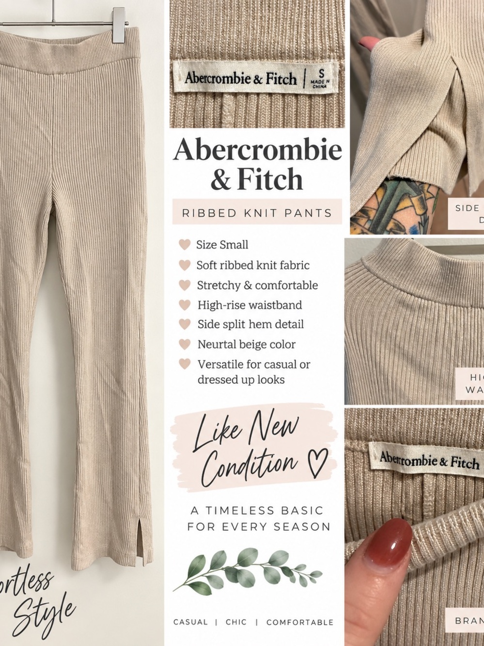 Abercrombie & Fitch Women’s Ribbed Split Hem Pants Beige Size Small